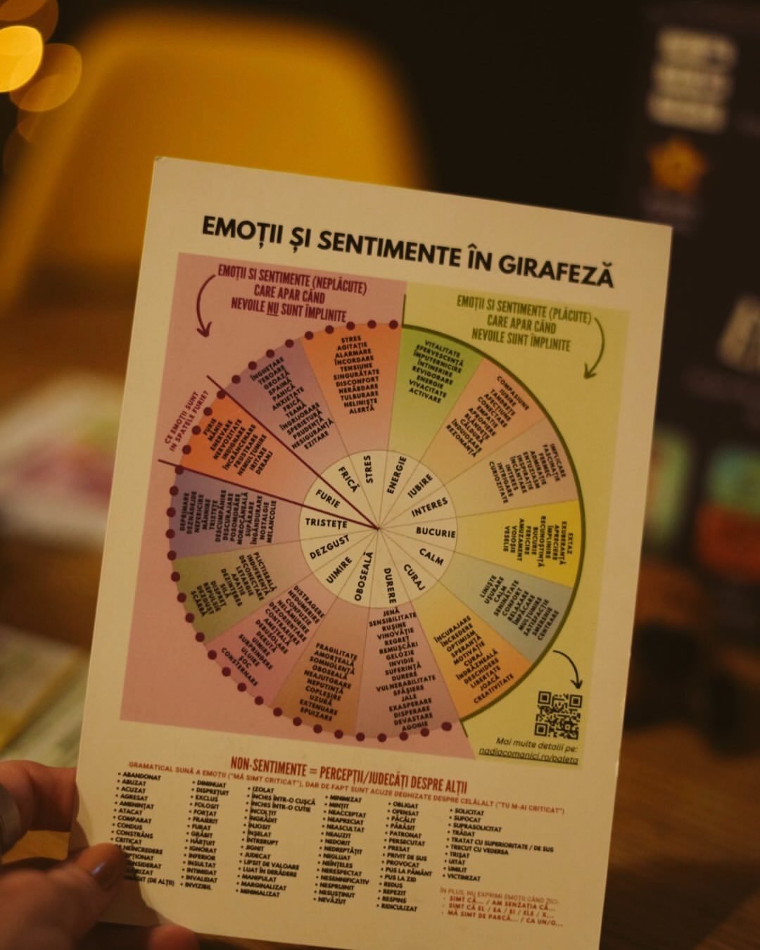 O mână ține o planșă tipărită în română intitulată „Emoții și sentimente în girafeză”, o roată circulară colorată cu cuvinte care denumesc emoții.
