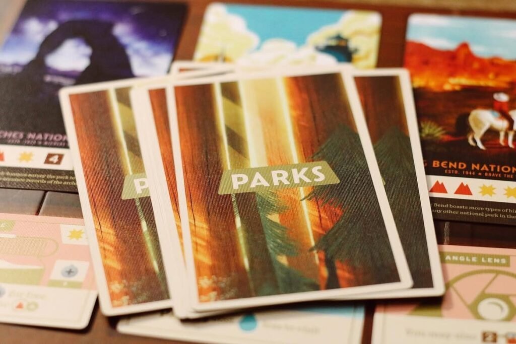 Un teanc de cărți Parks cu spatele „PARKS” ilustrat cu o pădure de secvoia, înconjurat de cărți de parcuri naționale în stil de poster vintage.