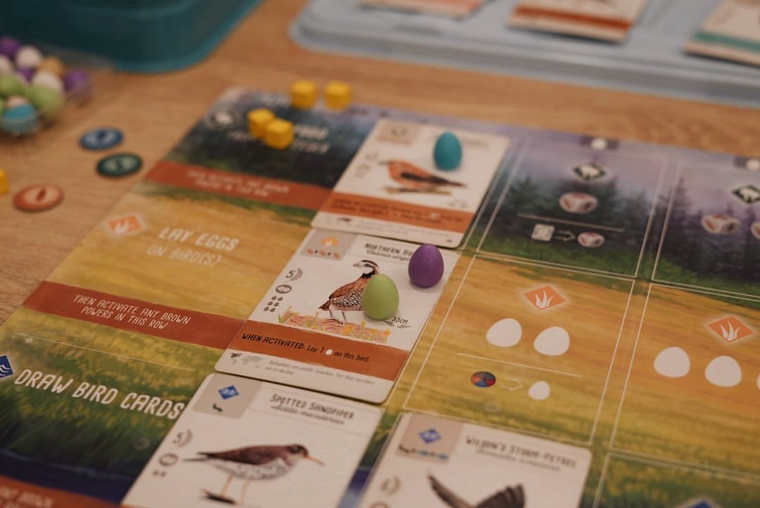 Prim-plan în unghi al unei planșe Wingspan, cu rândurile „Lay Eggs” și „Draw Bird Cards”, cărți de păsări cu ouă pastelate și cuburi de hrană galbene.